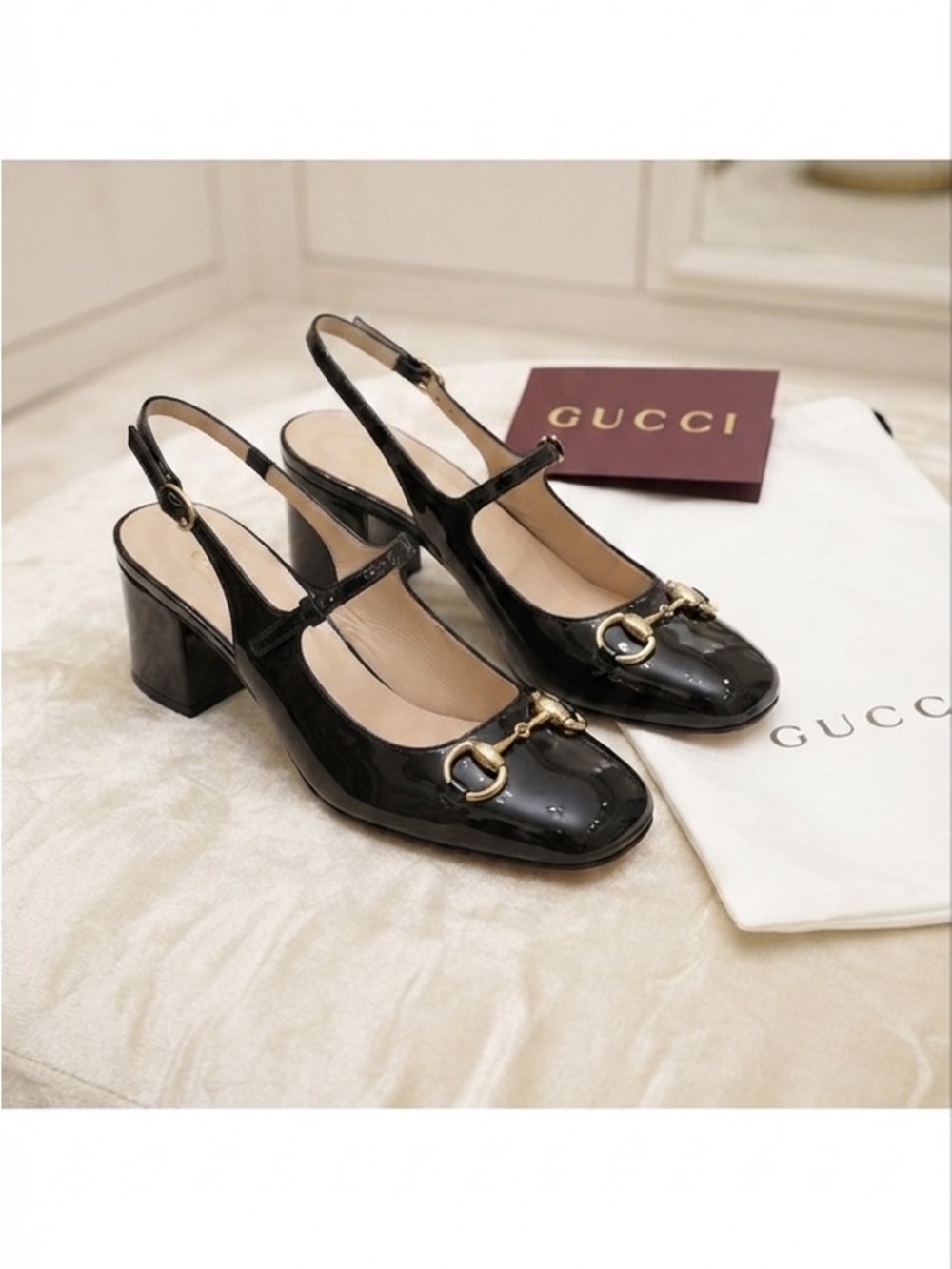 Gucci Black Patent Leather Horsebit Slingback Mary Jane Flats